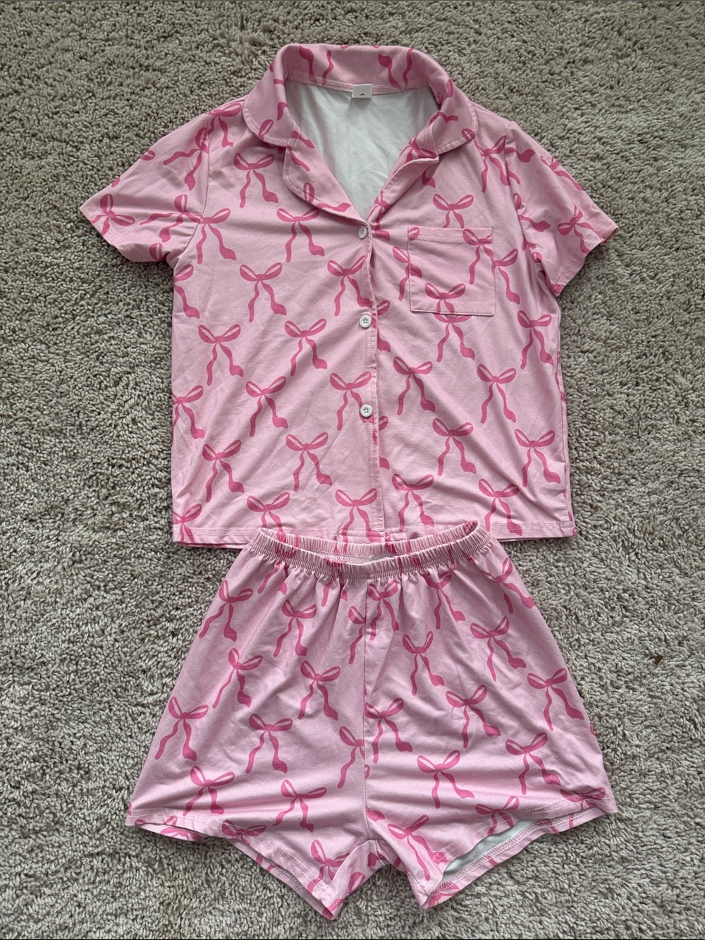 SHEIN Pink Bow-Print Short Sleeve Pajama Set - Light & Hot Pink